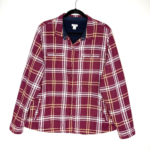 LL Bean Womens Fleece Lined Flannel Shirt Snap Front Plaid Relaxed Fit Size L - Picture 1 of 8
